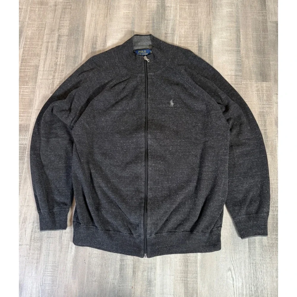 Polo Ralph Lauren Mens XL Full Zip Sweater Charcoal Gray Heather Mock Neck Pony